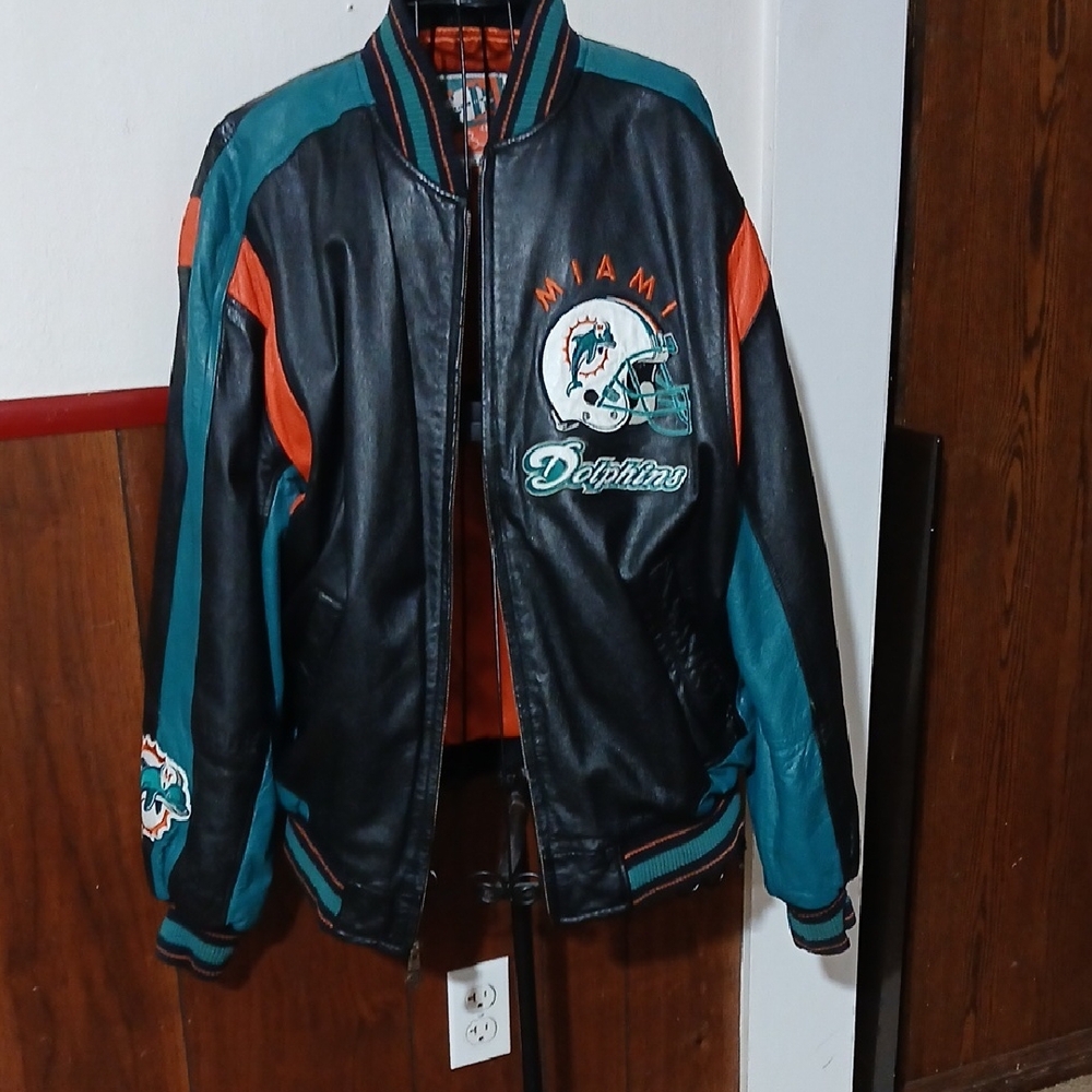 Vintage Miami Dolphins Leather Jacket - Black and Teal
